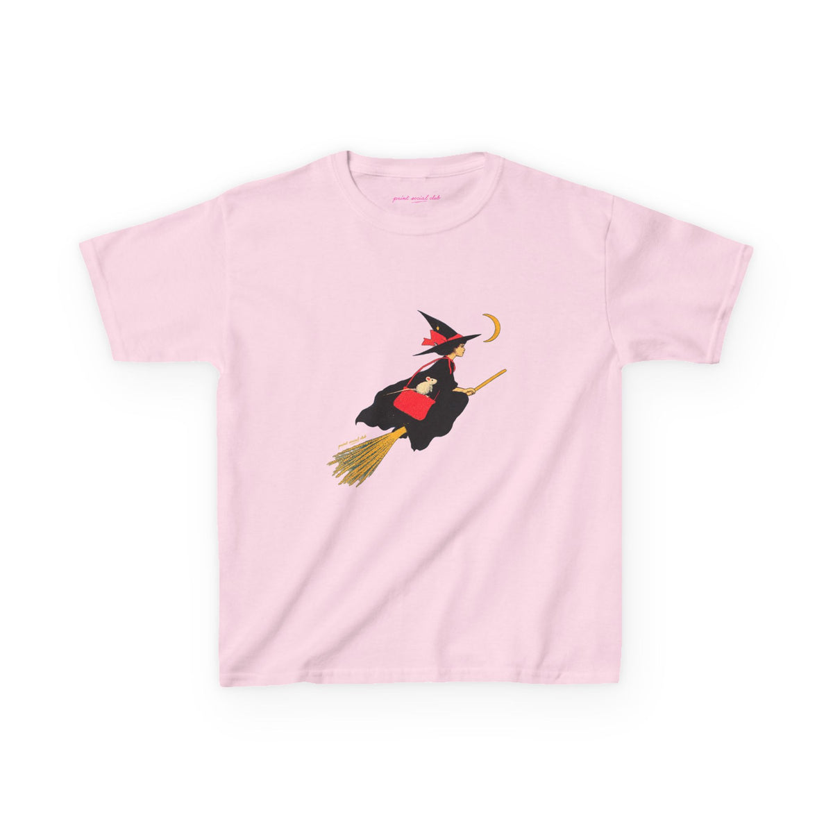 Flying Witch Baby Tee in Light Pink, front