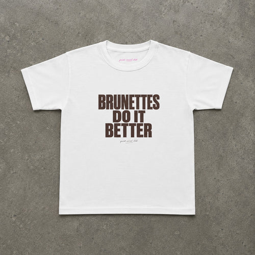 Brunettes Do It Better Baby Tee in White, flat lay