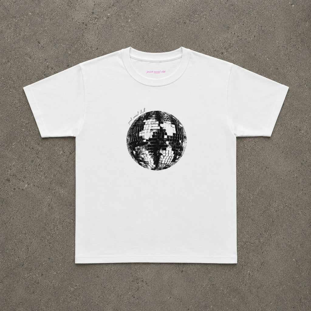 Disco Ball Baby Tee in White, flat lay