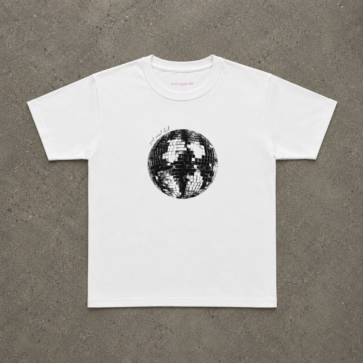 Disco Ball Baby Tee in White, flat lay