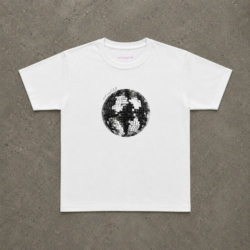 Disco Ball Baby Tee in White, flat lay