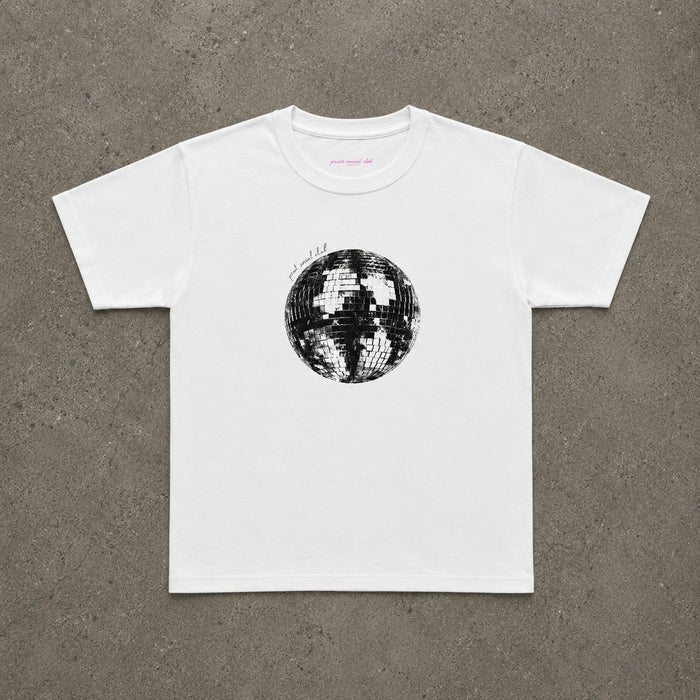Disco Ball Baby Tee in White, flat lay