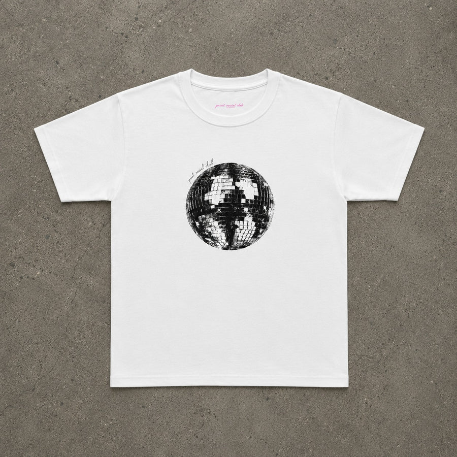 Disco Ball Baby Tee in White, flat lay