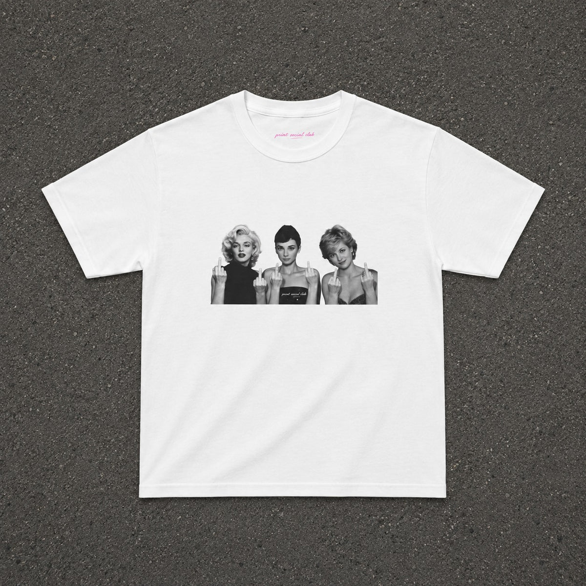 Iconic 3 Baby Tee in white, flat lay with a black and white three portraits print