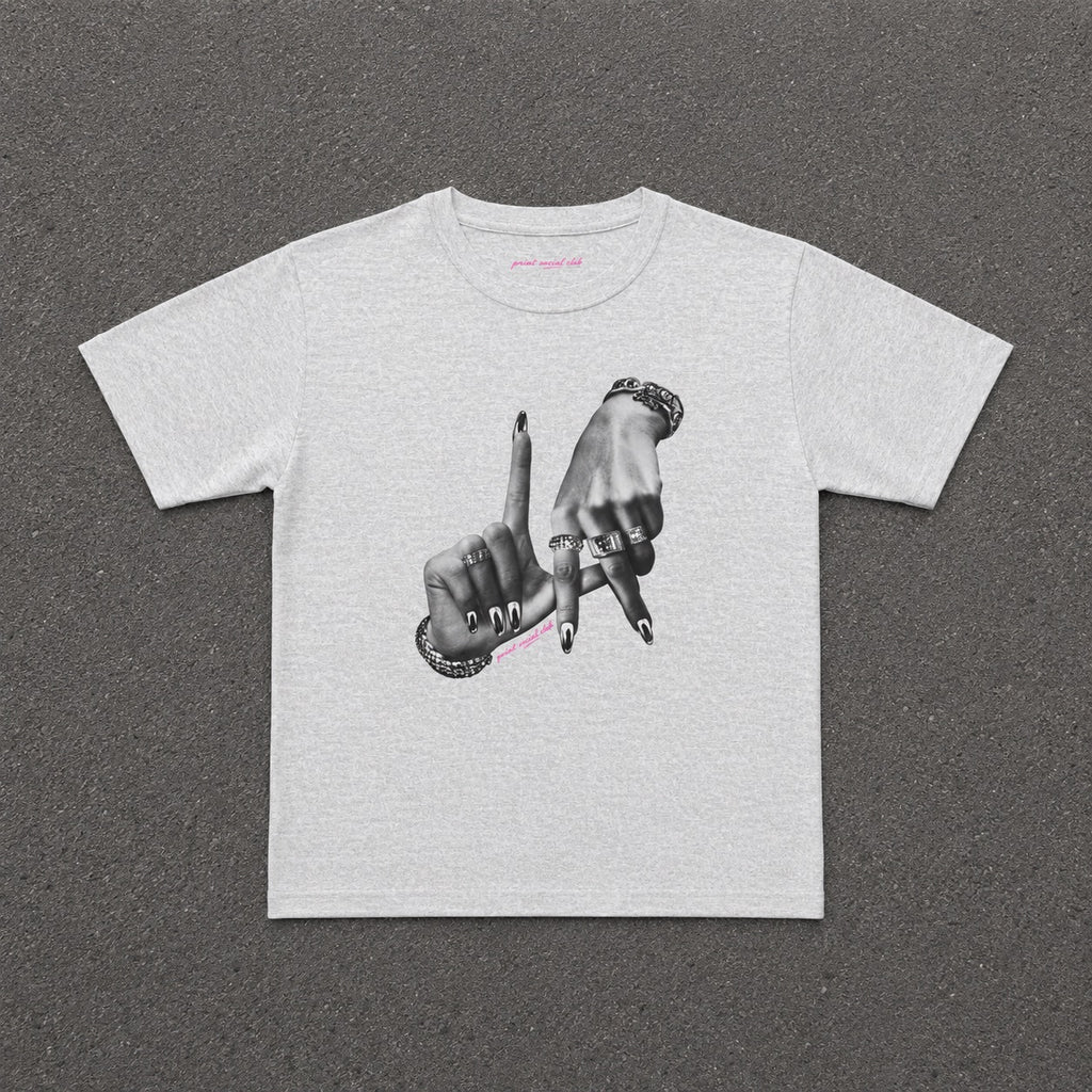 LA Baby Tee in ash grey with a black and white hands print