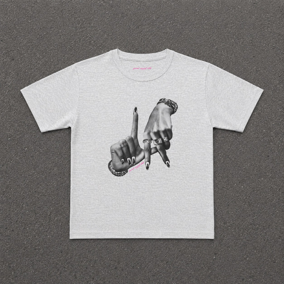 LA Baby Tee in ash grey with a black and white hands print