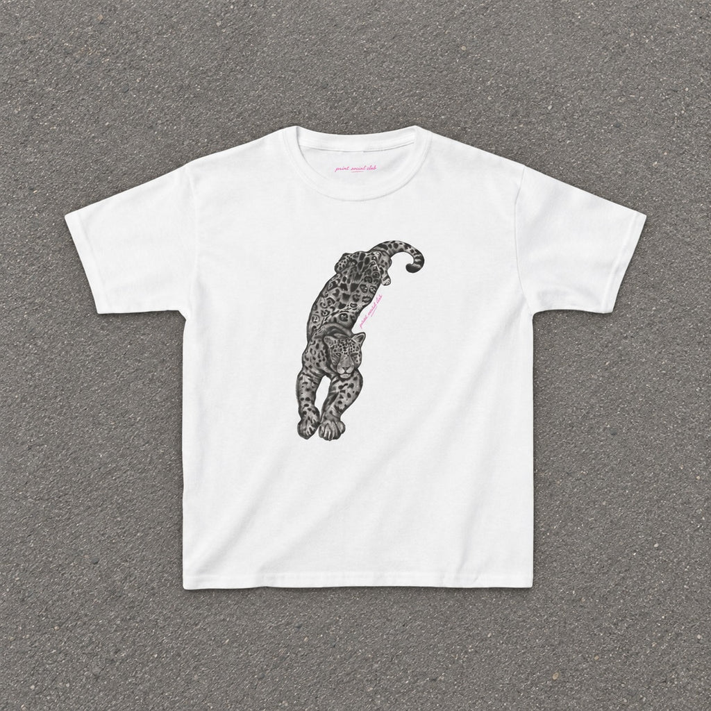 Leopardess Baby Tee in White, flat lay