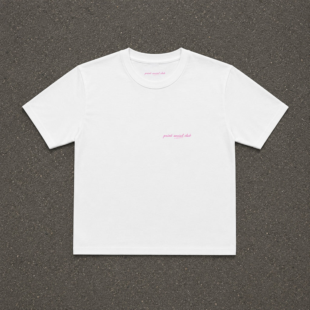 LNF Baby Tee in white, flat lay front with a small chest logo