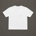 LNF Baby Tee in white, flat lay front with a small chest logo