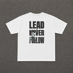 LNF Baby Tee in white, flat lay of the back with the Lead Never Follow print