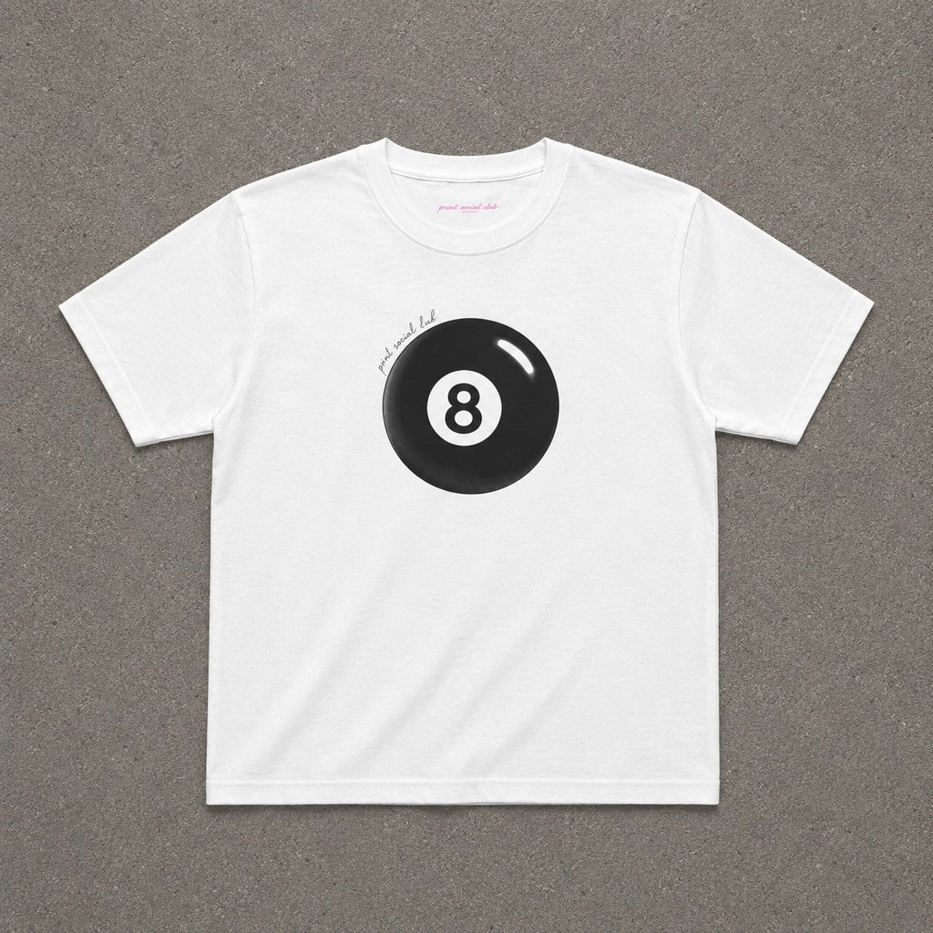Lucky 8 baby tee in White, flat lay