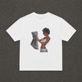 News Baby Tee in white, flat lay with a black and white newspaper reader print