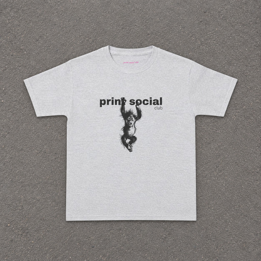 Save Wild Monkeys Baby Tee in Ash, flat lay