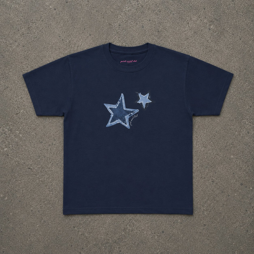 Shooting Stars baby tee in Navy, flat lay