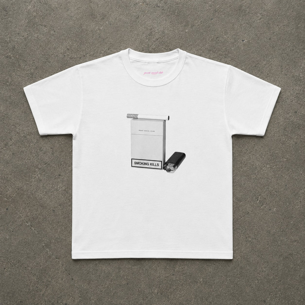 Smoking Kills Baby Tee in White, flat lay