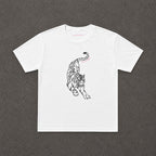 Stretching Baby Tee in white with a black line art tiger print