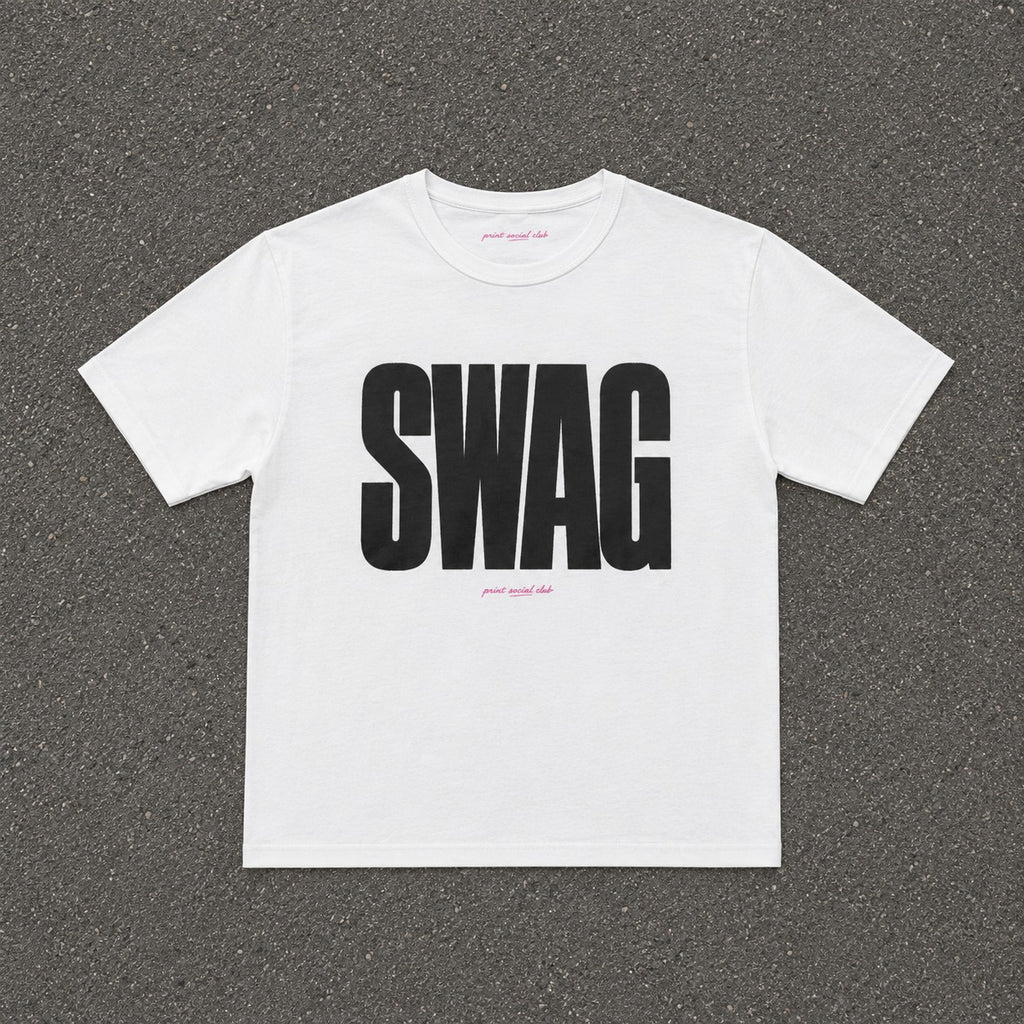 SWAG Baby Tee in White, flat lay