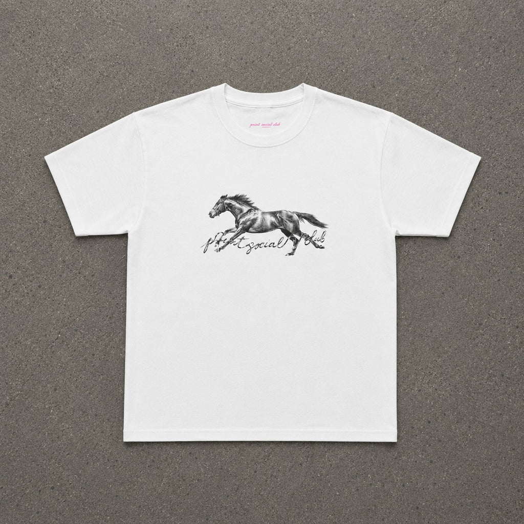 The Horse Baby Tee in White, flat lay