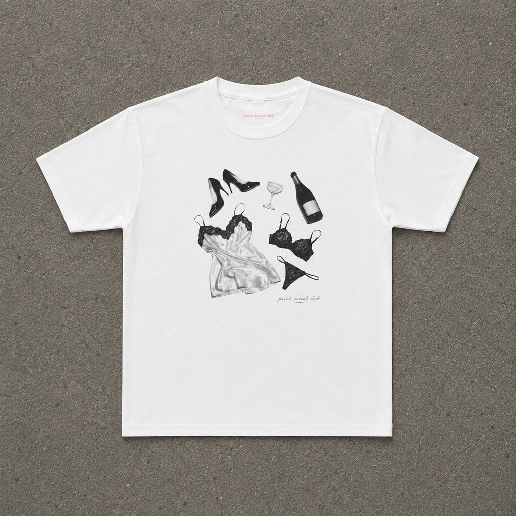 Too Much Champagne Baby Tee in White, flat lay