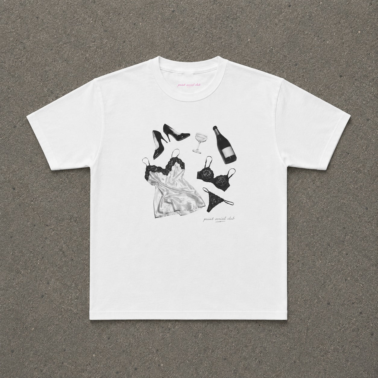 Too Much Champagne Baby Tee in White, flat lay