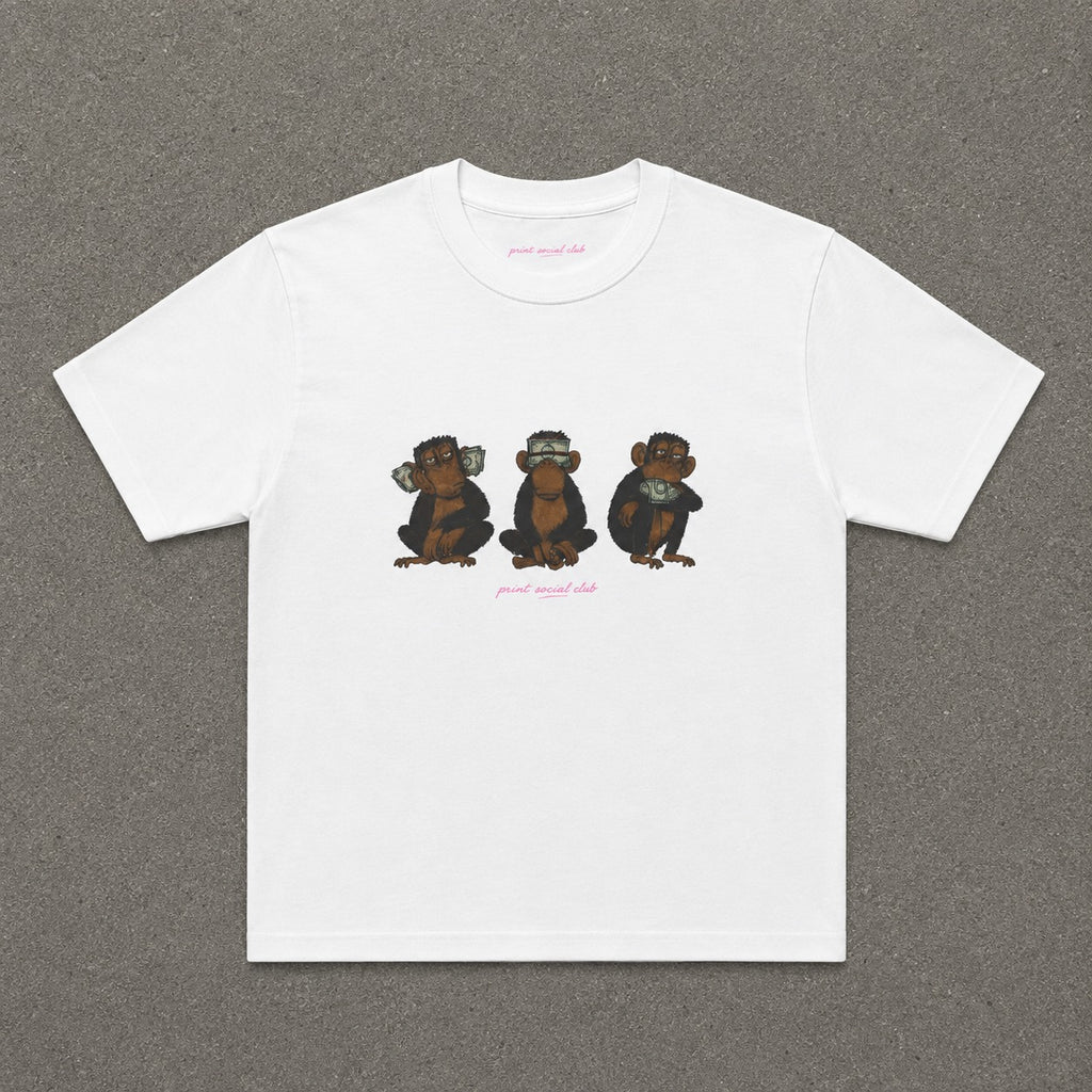 Wise Monkeys Baby Tee double sided in White, flat lay front