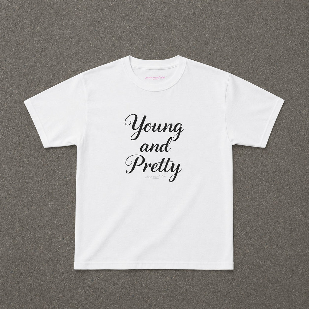 Young & Pretty Baby Tee in White, flat lay