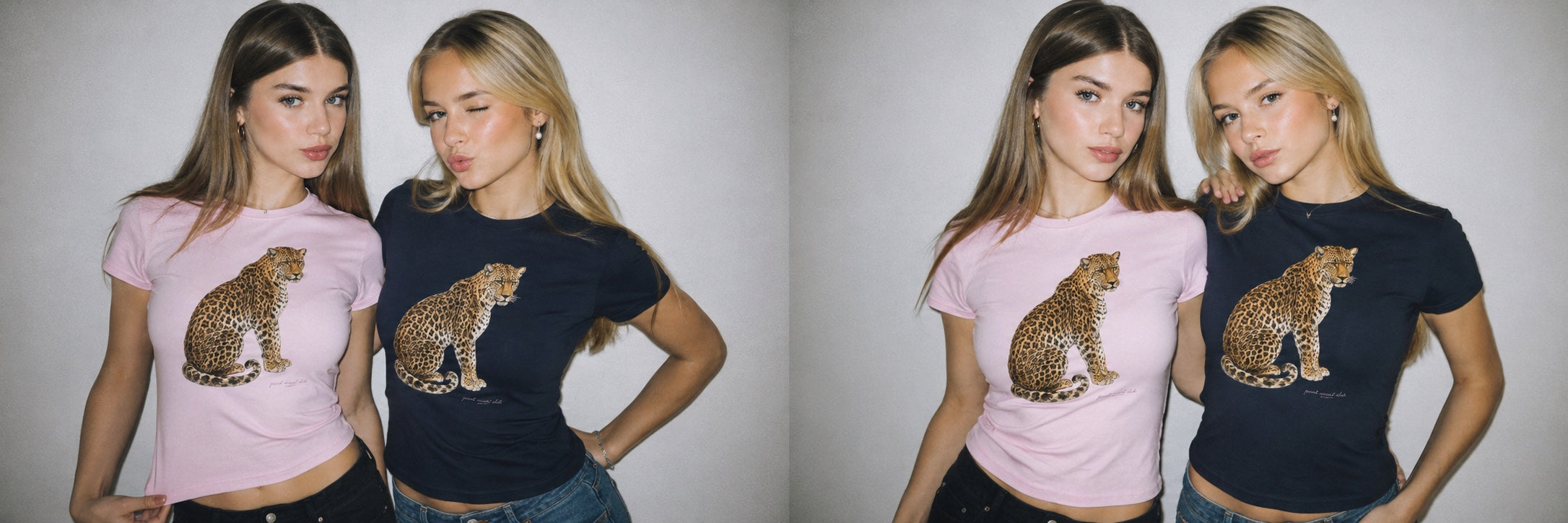 Two women in leopard print tees, pink baby tee and navy tee, Print Social Club